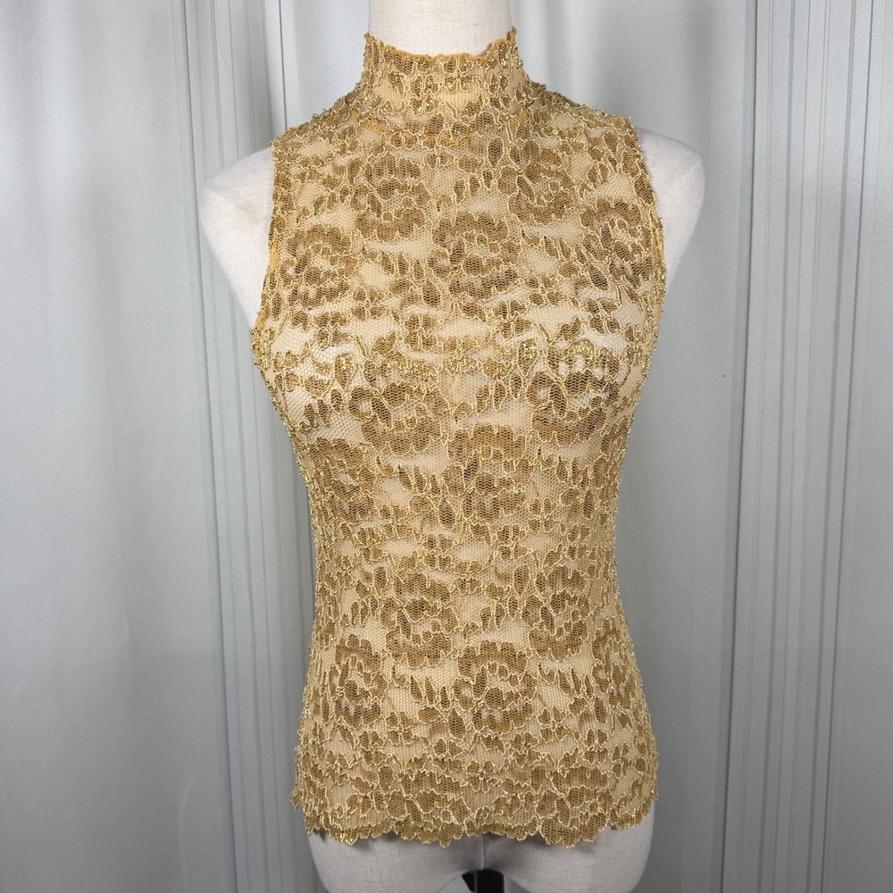 VTG 90s Lew Magram Gold Metallic Sheer Lace Top M Glam